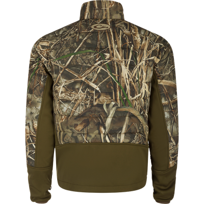 LST Double Down Endurance Hybrid Liner: A jacket with camouflage pattern, back view. Features 160g polyester synthetic down insulation, elasticated cuffs, and draw cord adjustable waist. Reverse coil zippers and zippered lower slash pockets for added protection.