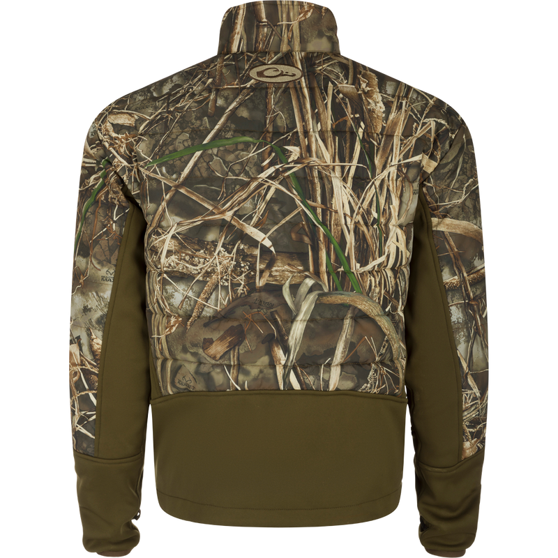LST Double Down Endurance Hybrid Liner: A jacket with camouflage pattern, back view. Features 160g polyester synthetic down insulation, elasticated cuffs, and draw cord adjustable waist. Reverse coil zippers and zippered lower slash pockets for added protection.