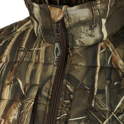 LST Double Down Endurance Hybrid Liner: Close-up of jacket with improved matte-finish fabric, elastic cuffs, and zippered pockets.