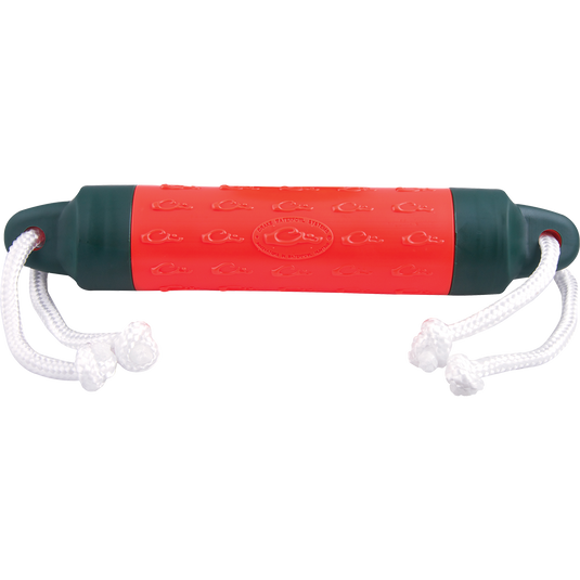 A Stage 4 Retrieve-Rite Bumper with a red and green rubber handle, white ropes, and hard plastic end caps. Soft mid-section promotes correct body-carry instincts. Perfect for retriever training.