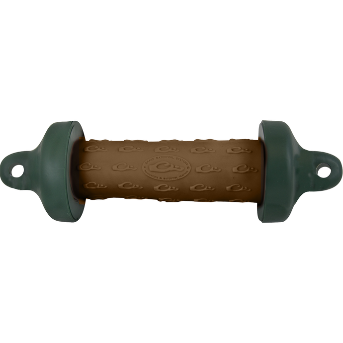 A brown and green bumper with a logo and handle, part of the Stage 2 Retrieve-Rite Force Fetch product line for dog training.