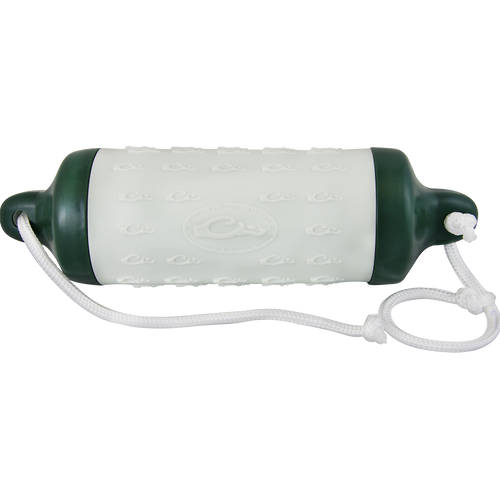 Stage 5 Retrieve-Rite Bumper XL: A white and green float with a bumper, designed to prepare your dog for big-bodied ducks and geese. Hard end caps discourage improper retrieves, while the soft mid-section encourages correct body-carry instincts. Ropes at each end make it easy to retrieve from any side. Dimension: 3