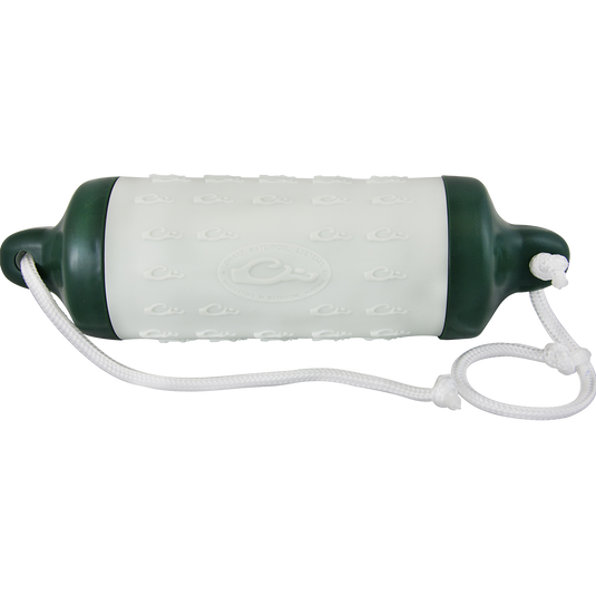 Stage 5 Retrieve-Rite Bumper XL: A white and green float with a bumper, designed to prepare your dog for big-bodied ducks and geese. Hard end caps discourage improper retrieves, while the soft mid-section encourages correct body-carry instincts. Ropes at each end make it easy to retrieve from any side. Dimension: 3" x 11".