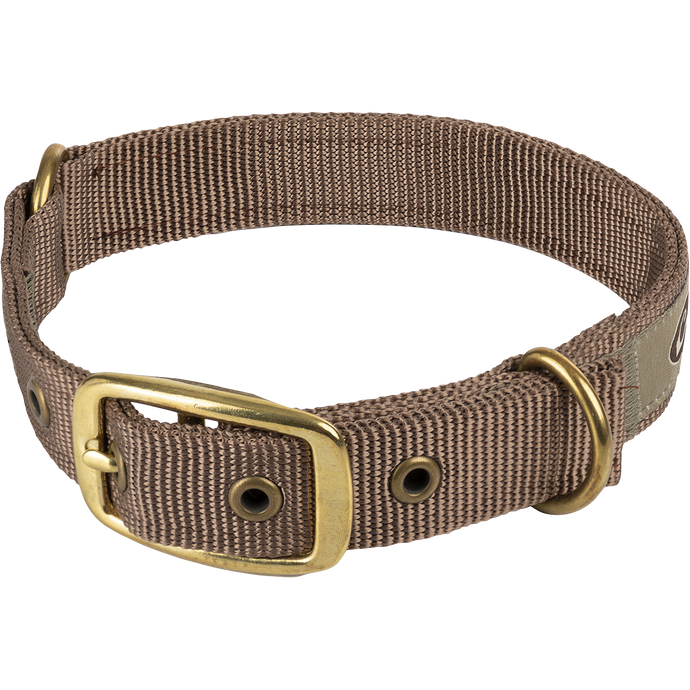 A heavy-duty nylon webbing dog collar with a gold buckle, designed for easy leash attachment and greater range of motion. Team Dog Split Ring Collar.