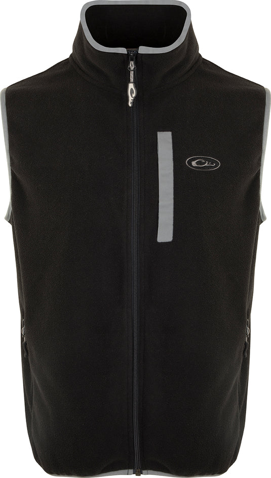 Youth Camp Fleece Vest by Drake Waterfowl: Black zippered vest for layering, featuring moisture-wicking poly-fleece, Magnattach™ pocket, and handwarmer pockets. Ideal for outdoor activities.