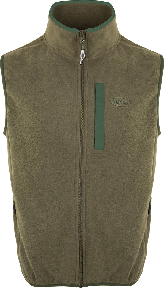 Youth Camp Fleece Vest by Drake Waterfowl: Lightweight green vest with zipper. Ideal for layering under outerwear. Features anti-pill treatment, moisture-wicking, and multiple pockets.