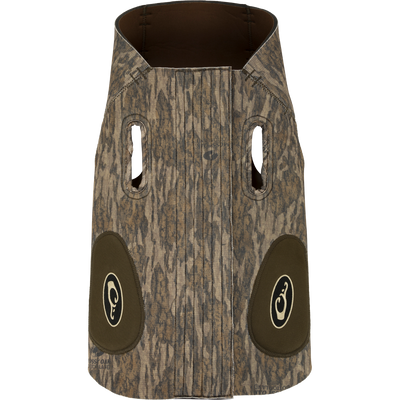 Drake Neoprene Dog Vest with camouflage design, customizable fit, reinforced protection, assist handles, and visible logo patch.