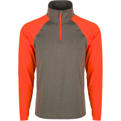 A versatile and comfortable McAlister EST 1/4 Zip Performance Upland Shirt, ideal for layering or wearing alone. Features 4-way stretch, moisture-wicking fabric, and antimicrobial treatment. Raglan sleeves and integrated thumb loops for increased range of motion. Hi-Vis Blaze Orange shoulders and arms.