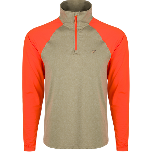 A versatile and comfortable McAlister EST 1/4 Zip Performance Upland Shirt. Features include 4-way stretch, raglan sleeves, YKK zipper, integrated thumb loops, and hi-vis blaze orange shoulders and arms. Ideal for layering or wearing alone.