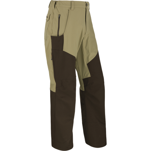McAlister Upland Tech Pants - Heavy-duty, versatile upland pants with abrasion-resistant overlays, articulated knees, and gusseted crotch for freedom of movement. Features silicone waistband, zippered security pockets, and quick-reload thigh pockets.