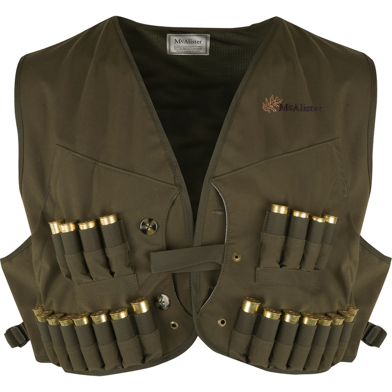 A wax canvas wading vest with shell loops on the front and rear, perfect for waterfowl hunting. Made of durable materials to withstand harsh weather.