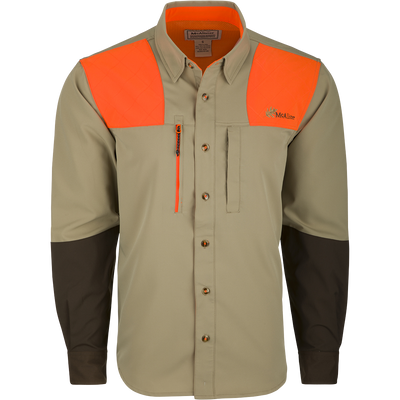 McAlister MST Upland Tech Shirt: A long-sleeved shirt with orange and black stripes, featuring a collar, button, and abrasion-resistant forearm. Includes chest pockets and an integrated lens cloth. Made of nylon, Spandex, and polyester. Ideal for hunting and outdoor activities.