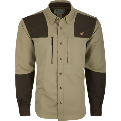 McAlister MST Upland Tech Shirt: Long-sleeved shirt with brown patch, button-up collar, and multiple pockets. Integrated lens cloth included.