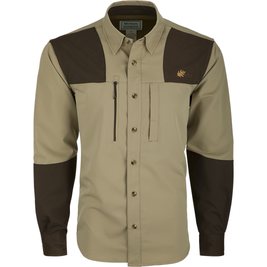 McAlister MST Upland Tech Shirt: Long-sleeved shirt with brown patch, button-up collar, and multiple pockets. Integrated lens cloth included.