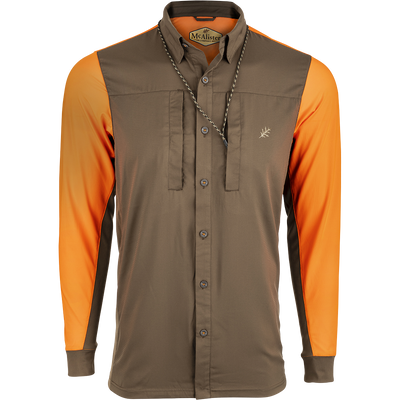McAlister EST Performance Hybrid Upland Shirt: A long-sleeved shirt with a woven front for a clean look. Features include 4-way stretch knit back, mesh sides, and underarms. Magnattach left chest pocket and zippered right chest pocket.