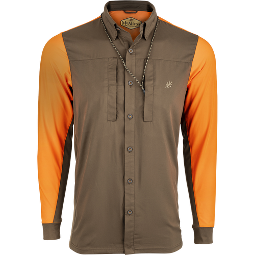 McAlister EST Performance Hybrid Upland Shirt: A long-sleeved shirt with a woven front for a clean look. Features include 4-way stretch knit back, mesh sides, and underarms. Magnattach left chest pocket and zippered right chest pocket.