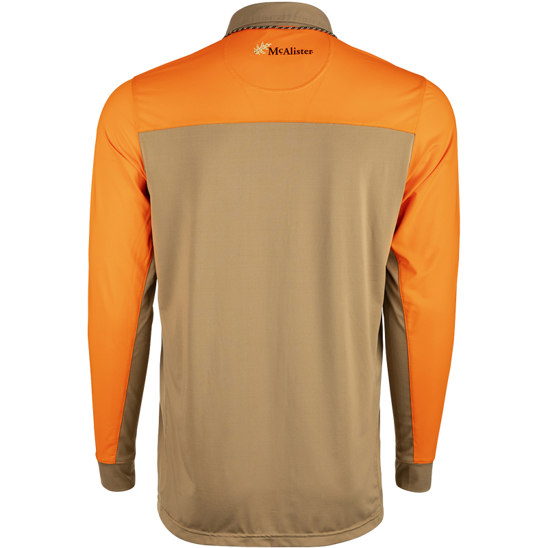 McAlister EST Performance Hybrid Upland Shirt: A long-sleeved active shirt with a woven front and 4-way stretch knit back. Features include a Magnattach left chest pocket and a zippered right chest pocket.