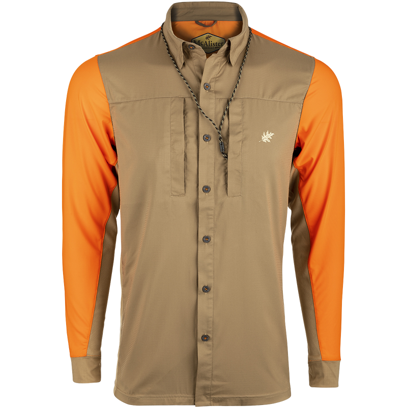 McAlister EST Performance Hybrid Upland Shirt: A long-sleeved shirt with a woven front for a clean look. Features include 4-way stretch knit back, mesh sides and underarms, and Magnattach and zippered chest pockets. Made with 100% polyester, UPF 50+ sun treatment, odor control, and stain resistance.