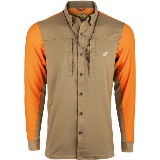 McAlister EST Performance Hybrid Upland Shirt: A long-sleeved shirt with a woven front for a clean look. Features include 4-way stretch knit back, mesh sides and underarms, and Magnattach and zippered chest pockets. Made with 100% polyester, UPF 50+ sun treatment, odor control, and stain resistance.