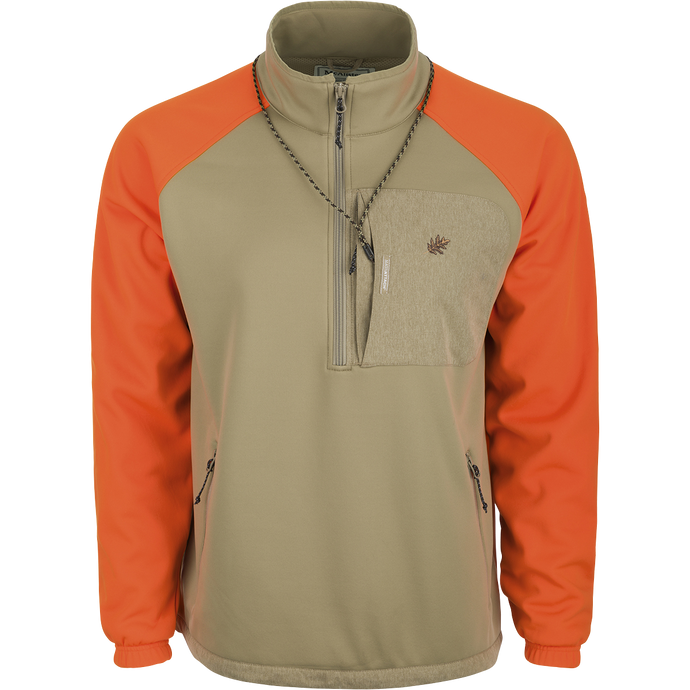 McAlister MST Endurance 1/4 Zip Upland Shirt: A jacket with a zipper, hi-vis Blaze Orange shoulders and sleeves. Raglan sleeves for improved range of motion. Zippered pockets for essentials. Adjustable drawcord waist and improved elastic cuffs.