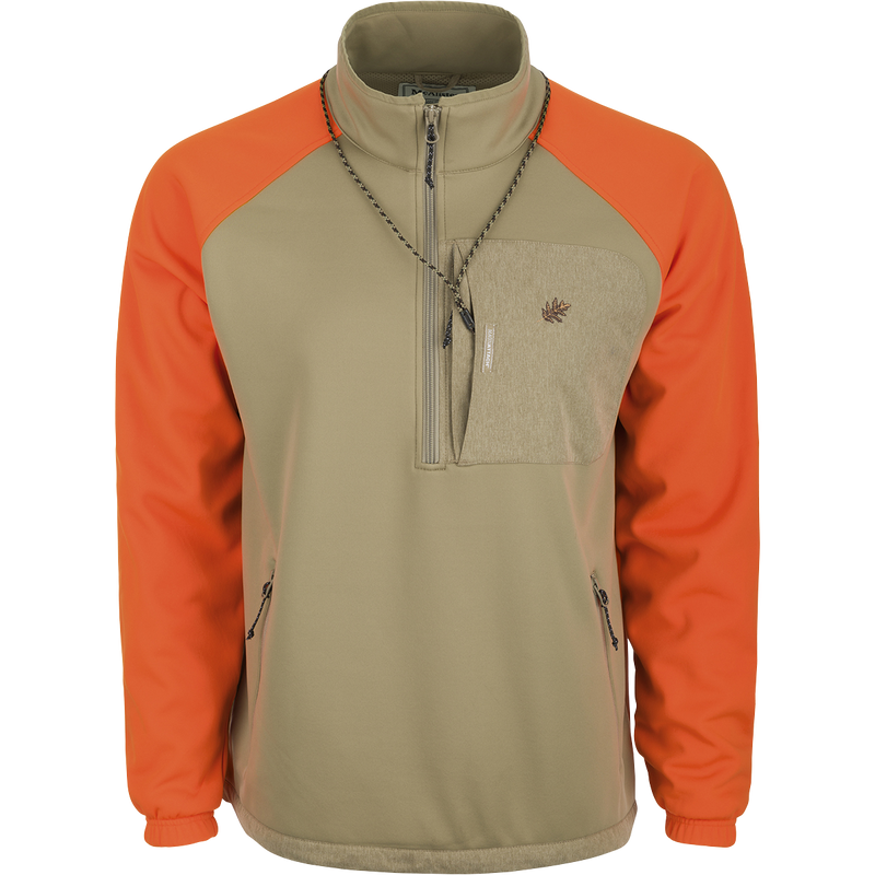 McAlister MST Endurance 1/4 Zip Upland Shirt: A jacket with a zipper, hi-vis Blaze Orange shoulders and sleeves. Raglan sleeves for improved range of motion. Zippered pockets for essentials. Adjustable drawcord waist and improved elastic cuffs.