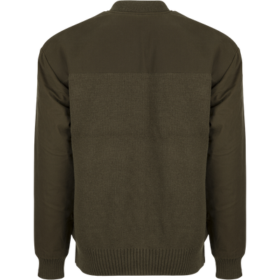 McAlister Waterfowler's Sweater: A wool pullover with rib-knit cuffs and hem. Dry waxed canvas upper body, shoulders, and arms.
