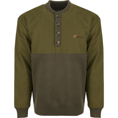 McAlister Waterfowler's Sweater: A wool pullover with a 4-button placket, rib-knit cuffs, and hem. Dry waxed canvas upper body, shoulders, and arms.