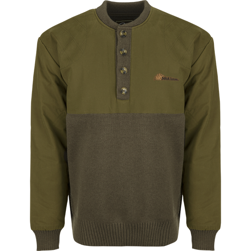 McAlister Waterfowler's Sweater: A wool pullover with a 4-button placket, rib-knit cuffs, and hem. Dry waxed canvas upper body, shoulders, and arms.