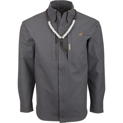 McAlister Microfleece Softshell Waterfowler's Shirt: Grey shirt with necklace, ideal for fluctuating weather conditions. Windproof and comfortable with plenty of pocket storage for essentials.