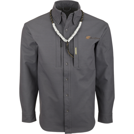 McAlister Microfleece Softshell Waterfowler's Shirt: Grey shirt with necklace, ideal for fluctuating weather conditions. Windproof and comfortable with plenty of pocket storage for essentials.