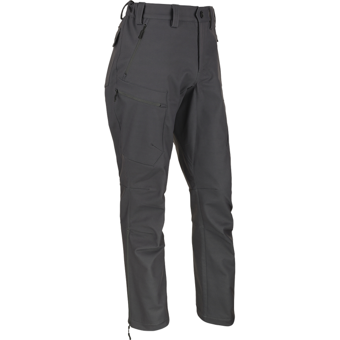 McAlister Microfleece Softshell Waterfowler's Pants: Wind-resistant pants with elastic waist, silicone grip, 4-way stretch, gusseted crotch, side zips, articulated knees, and multiple zippered pockets.