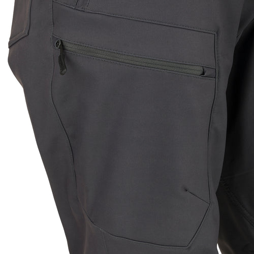 McAlister Microfleece Softshell Waterfowler's Pants: Close-up of pocket with zipper in black fabric. Versatile pants with comfortable fit, 4-way stretch, and zippered pockets.