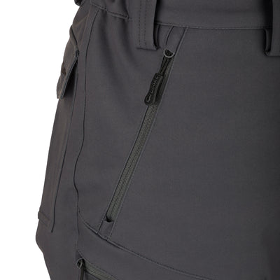 McAlister Microfleece Softshell Waterfowler's Pants: Close-up of grey pants with zipper pockets, side-elastic waist, gusseted crotch, and articulated knees for ease of movement. Versatile and comfortable hunting gear.