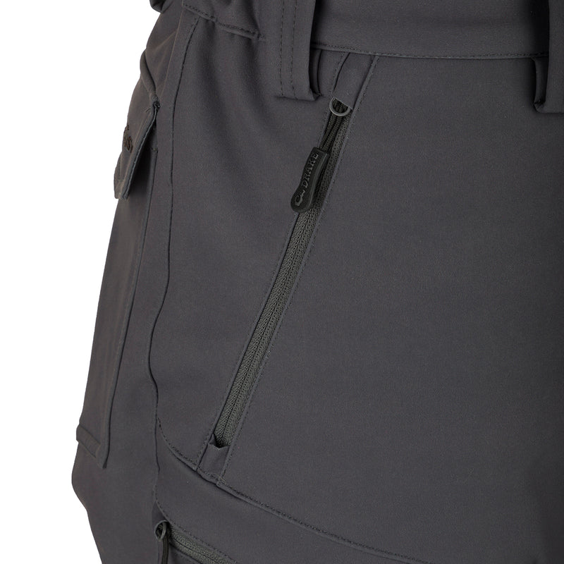 McAlister Microfleece Softshell Waterfowler's Pants: Close-up of grey pants with zipper pockets, side-elastic waist, gusseted crotch, and articulated knees for ease of movement. Versatile and comfortable hunting gear.