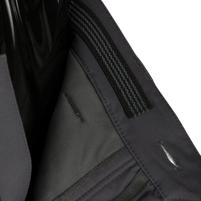 McAlister Microfleece Softshell Waterfowler's Pants: Close-up of a black jacket with 4-way stretch, gusseted crotch, and zippered pockets.