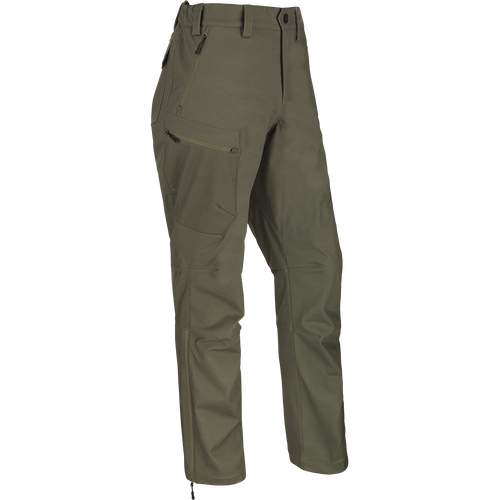 McAlister Microfleece Softshell Waterfowler's Pants: Wind-resistant pants with zippers, elastic waist, silicone grip waistband, 4-way stretch, gusseted crotch, articulated knees, and multiple zippered pockets.