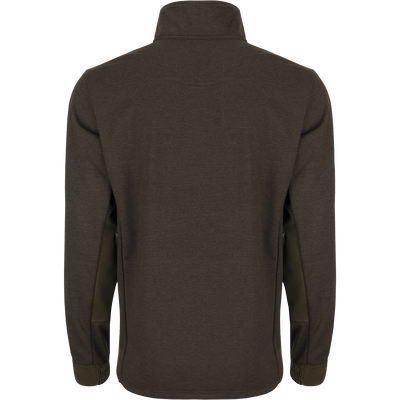 A back view of the McAlister Heritage Hybrid Windproof Jacket, featuring a cotton/polyester shell and polyester fleece lining. Includes a waxed cotton left chest pocket and zippered slash pockets for convenient storage. Perfect for outdoor activities.