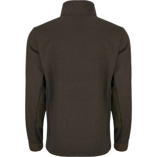 A back view of the McAlister Heritage Hybrid Windproof Jacket, featuring a cotton/polyester shell and polyester fleece lining. Includes a waxed cotton left chest pocket and zippered slash pockets for convenient storage. Perfect for outdoor activities.