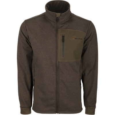 McAlister Heritage Hybrid Windproof Jacket: A durable, lightweight jacket with a cotton/polyester shell and polyester fleece lining. Features include a waxed cotton left chest pocket and zippered slash pockets for convenient storage. Perfect for outdoor activities.