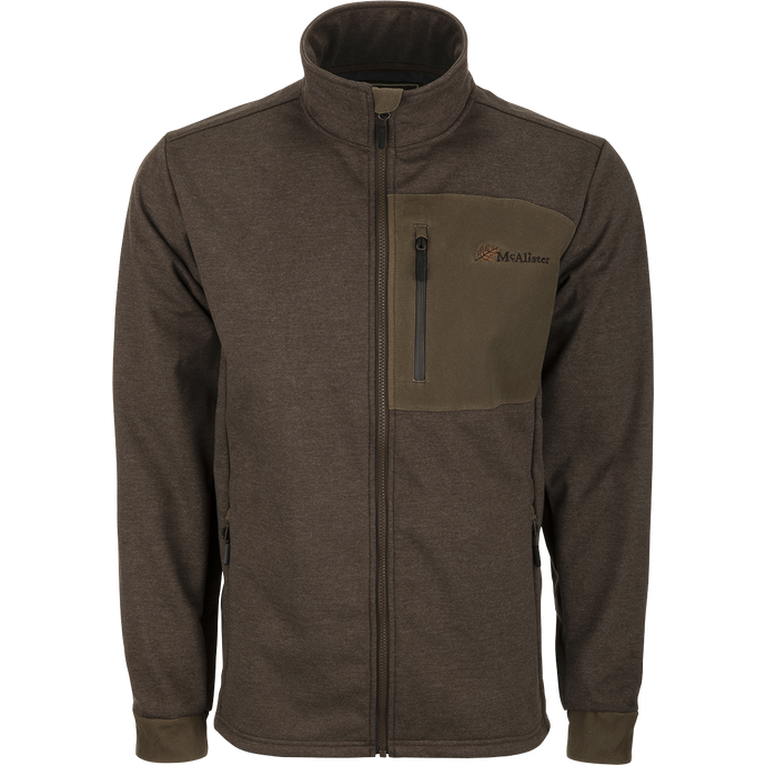 McAlister Heritage Hybrid Windproof Jacket: A durable, lightweight jacket with a cotton/polyester shell and polyester fleece lining. Features include a waxed cotton left chest pocket and zippered slash pockets for convenient storage. Perfect for outdoor activities.