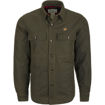 McAlister Waxed Cotton Jac-Shirt: A green shirt with buttons, featuring a heritage look and functional fit. Water and wind-resistant, with a bi-swing back pleat and fleece-lined hand pockets. Made of 100% cotton 8-oz dry wax shell and lined with 100% cotton flannel.