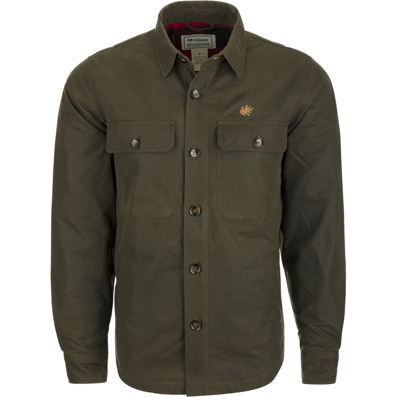 McAlister Waxed Cotton Jac-Shirt: A green shirt with buttons, featuring a heritage look and functional fit. Water and wind-resistant, with a bi-swing back pleat and fleece-lined hand pockets. Made of 100% cotton 8-oz dry wax shell and lined with 100% cotton flannel.
