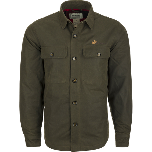McAlister Waxed Cotton Jac-Shirt: A green shirt with buttons, featuring a heritage look and functional fit. Water and wind-resistant, with a bi-swing back pleat and fleece-lined hand pockets. Made of 100% cotton 8-oz dry wax shell and lined with 100% cotton flannel.