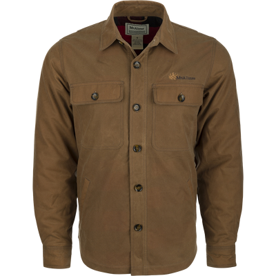A brown waxed cotton jacket with buttons, featuring a heritage look and a functional fit. Water and wind-resistant, with a bi-swing back pleat and fleece-lined hand pockets. Perfect for outdoor activities.