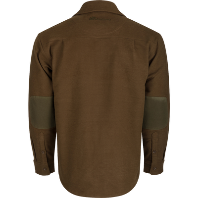 McAlister Windproof Moleskin Jac-Shirt: Brown shirt with patches, oversized fit, 4-way stretch, and two pockets. Stay warm and protected.