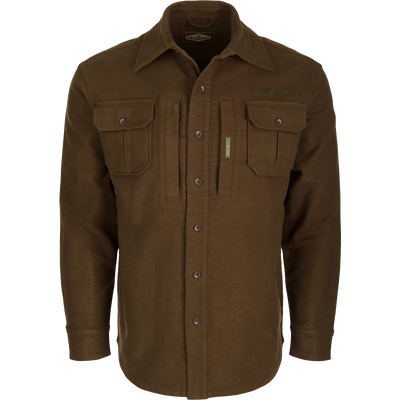 A brown jac-shirt with pockets, crafted with cotton/spandex blend and dry waxed canvas elbow patches. Windproof and stretchy for unrestricted movement.