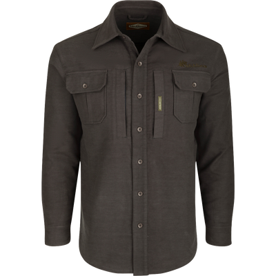 McAlister Windproof Moleskin Jac-Shirt: Long-sleeved shirt with pockets, collared design, and button details. Offers windproof protection and 4-way stretch for unrestricted movement.