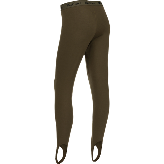 McAlister Merino Base Layer Pant: A pair of tights with holes, made of 100% Merino Wool. Features include a large elastic waistband for comfort and a secure fit, and foot stirrups to prevent riding up when layering over the top.