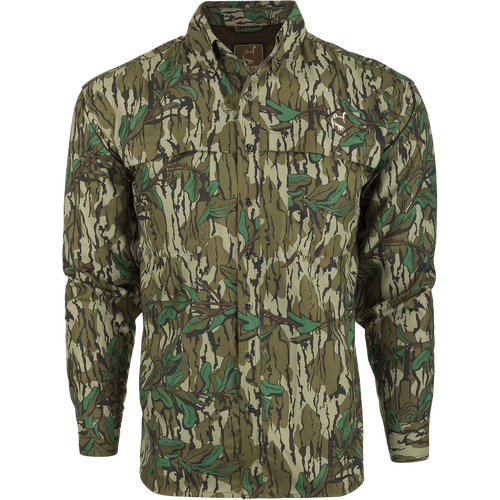 A technical camouflage hunting shirt with a mesh back panel and removable spine pad for increased breathability and comfort. Made of lightweight, quick-drying polyester. Perfect for turkey hunting.