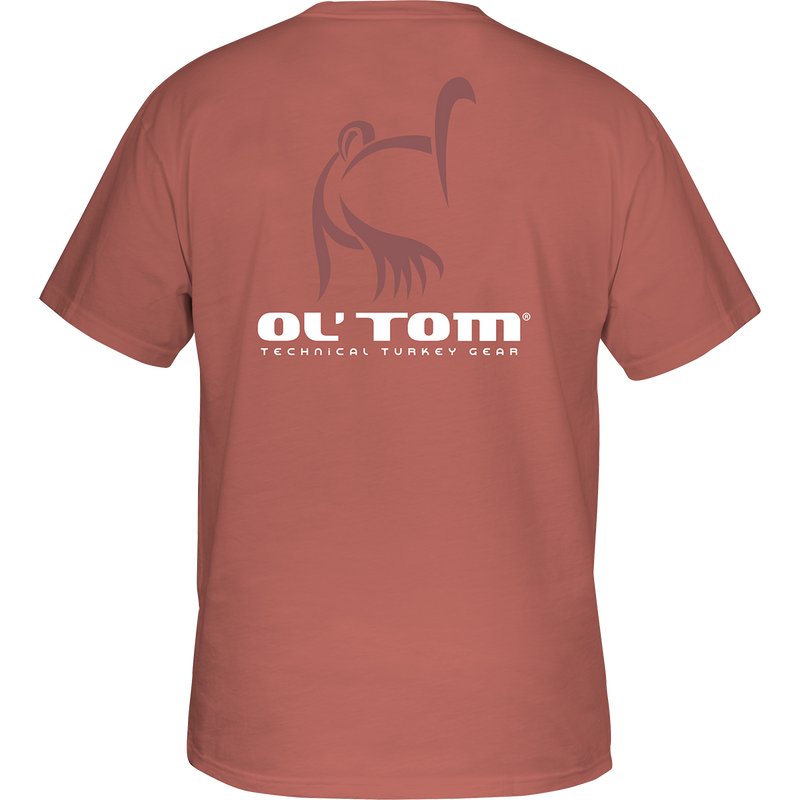 Ol' Tom Vintage Logo T-Shirt, back view with red shirt, white text, and logo. Soft and comfortable 60% cotton / 40% polyester blend. Lightweight at 180 GSM. Ol' Tom logo on front pocket. Vintage logo from the Vintage Ol' Tom Series of back graphic tees.